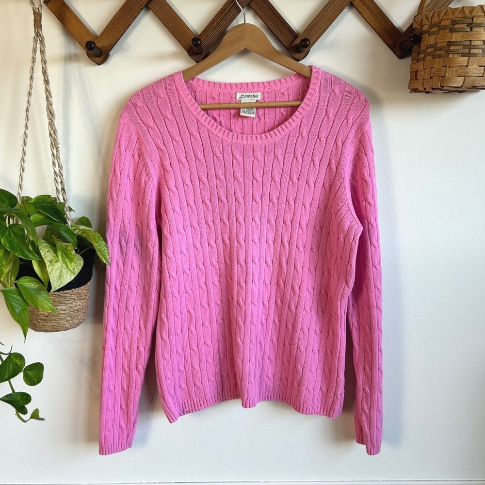 Vintage St Johns Bay Pink Cable Knit Crewneck Sweater Large Cotton Blend